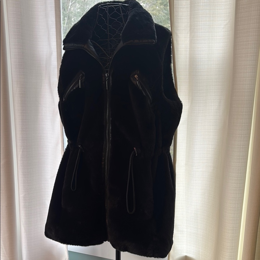 Black Faux Fur Vest with leather trim